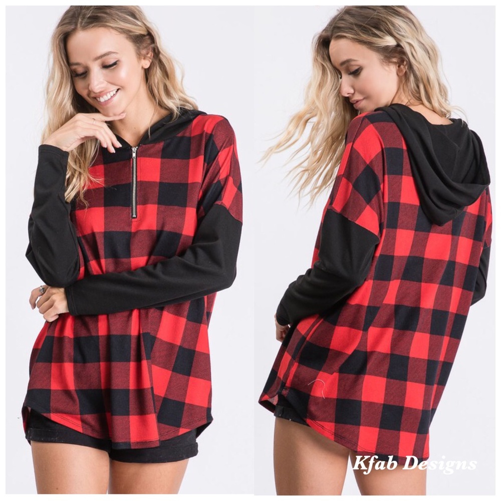 ❤️LAST 1! Check Zip Up Hoodie w/Contrast Sleeves! - Picture 2 of 13
